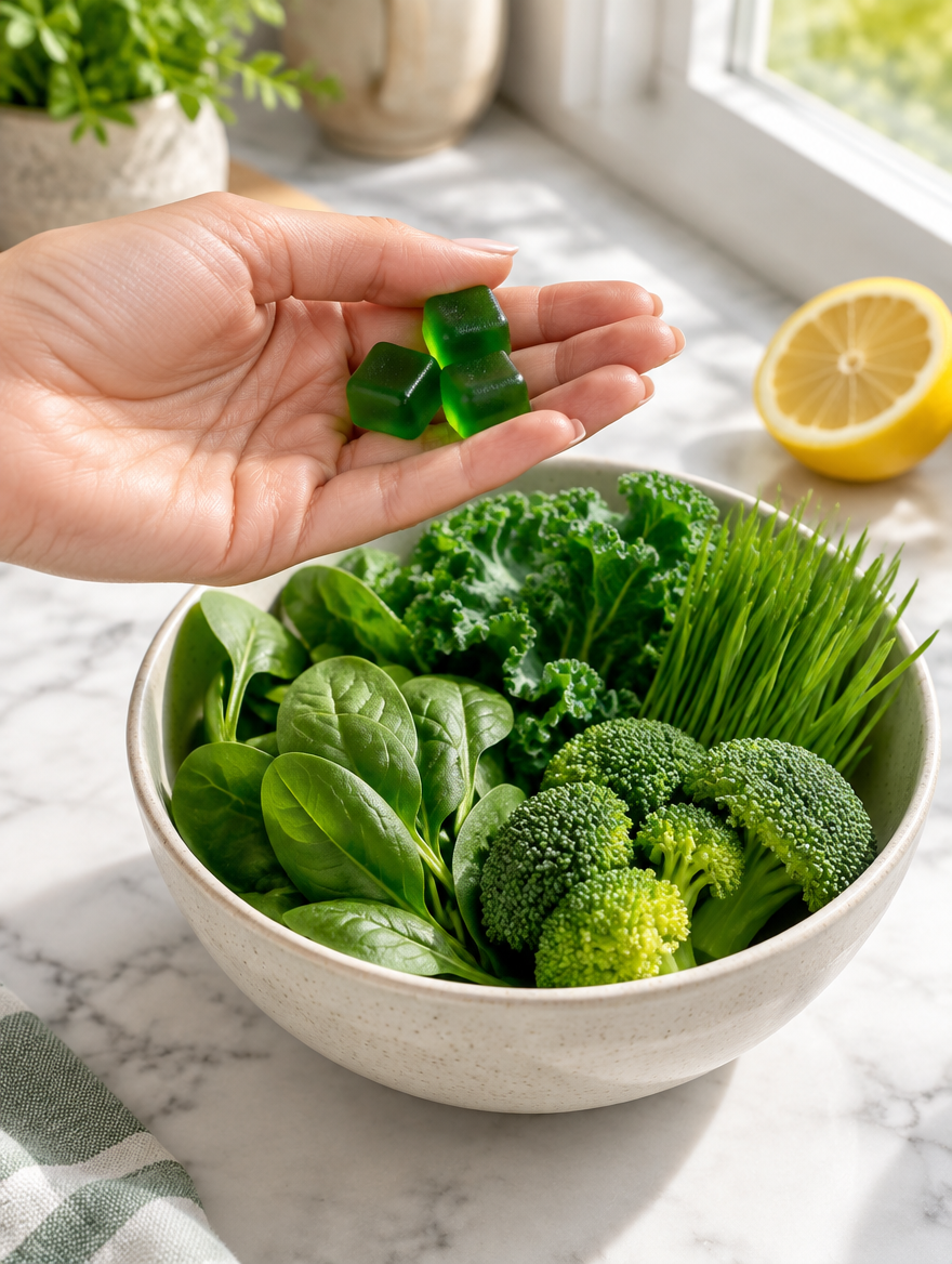 Hand holding green gummies over a bowl of fresh greens