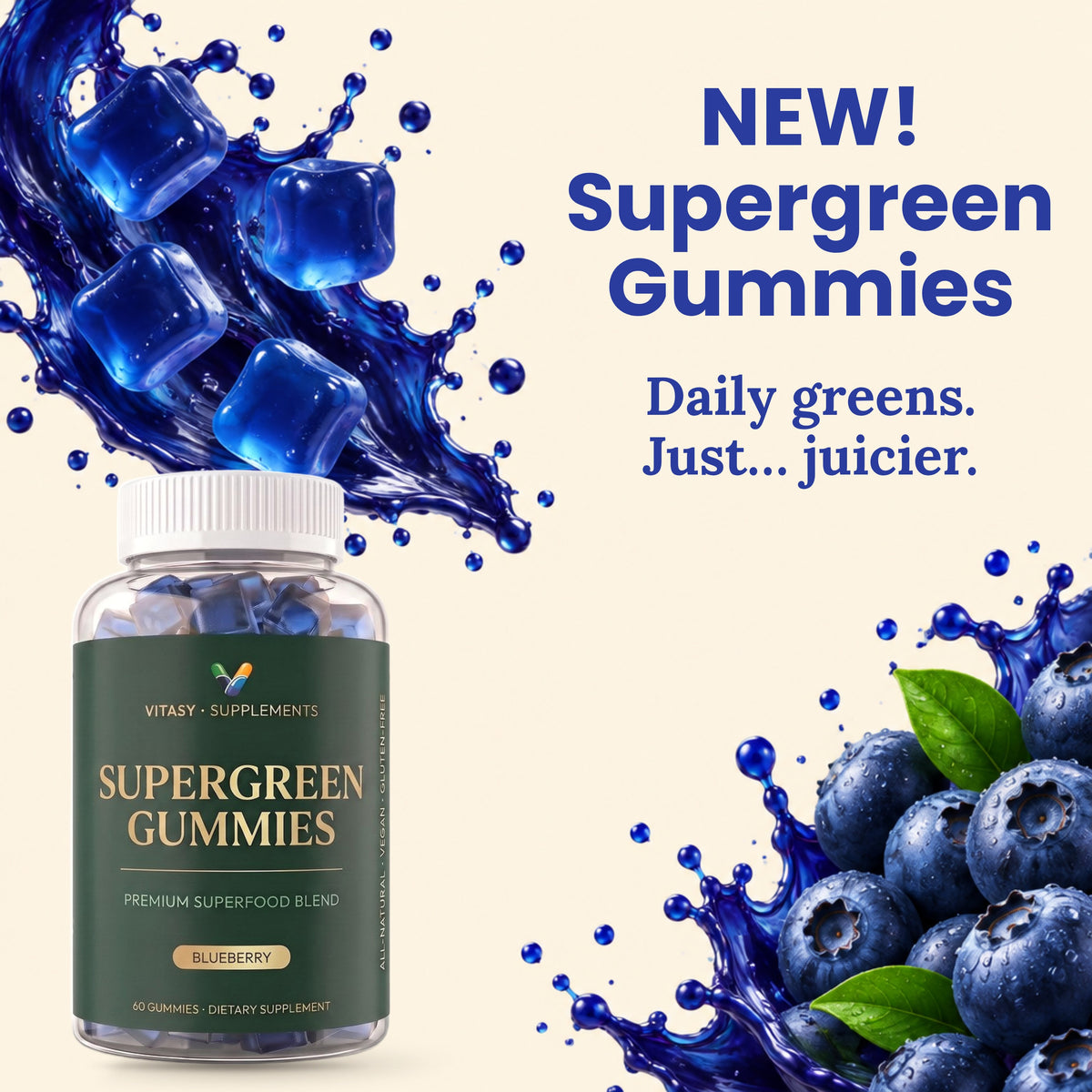 Supergreen Gummies Blueberry with blueberries and juice splash