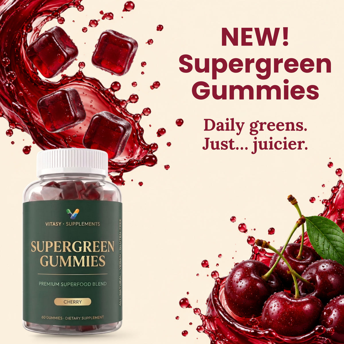 Supergreen Gummies Cherry with cherries and juice splash