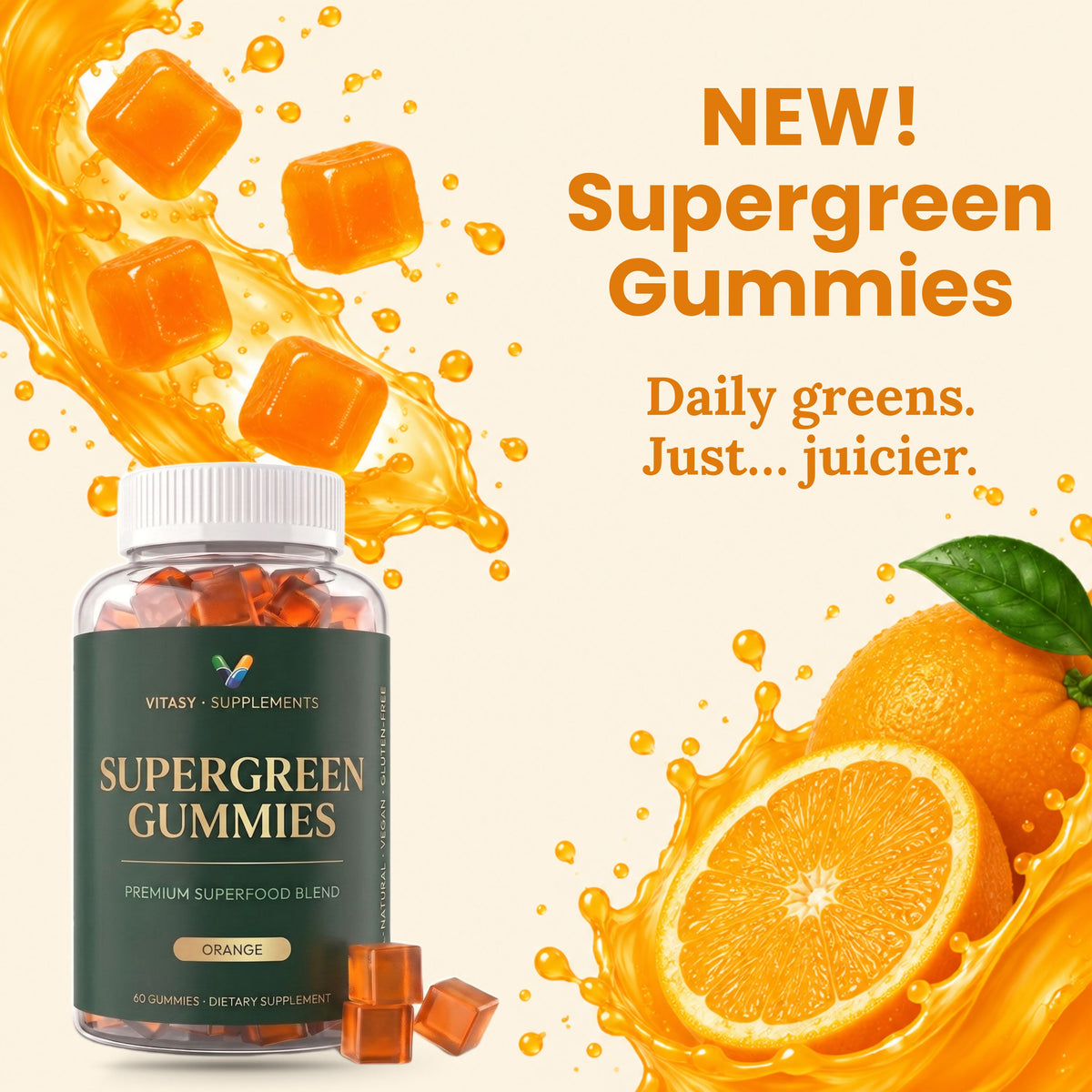 Supergreen Gummies Orange with oranges and juice splash