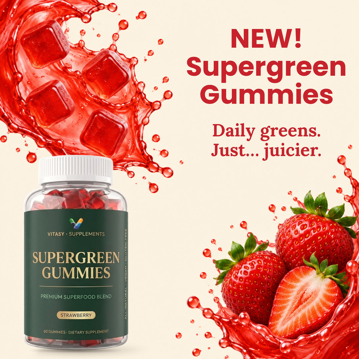 Supergreen Gummies Strawberry with strawberries and juice splash