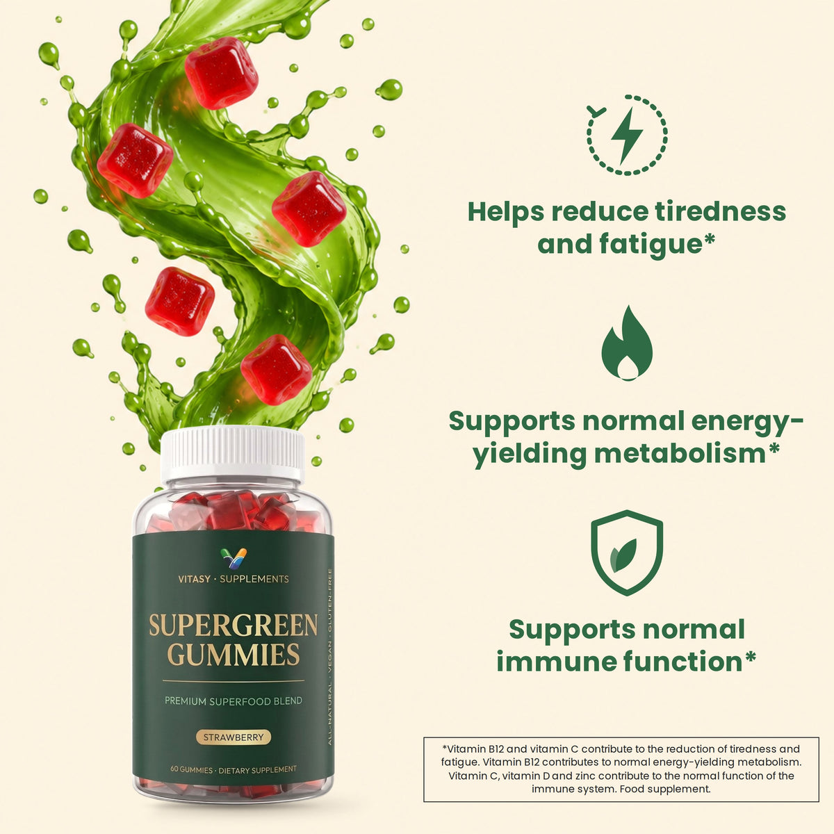 Supergreen Gummies key benefits: tiredness and fatigue, energy-yielding metabolism, immune function