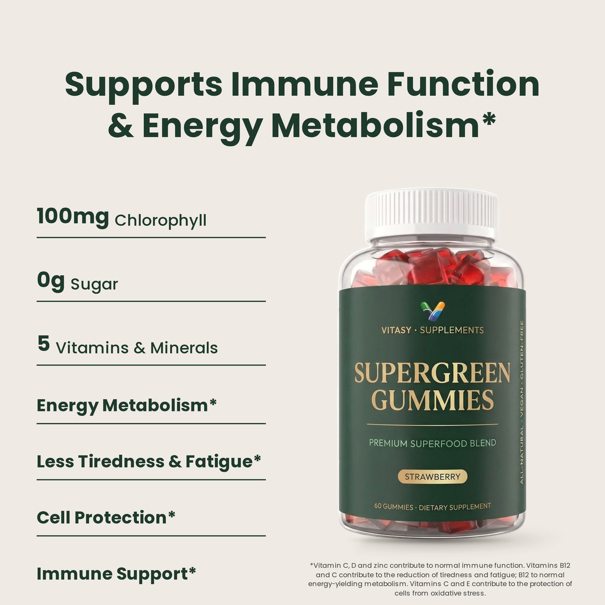 Supergreen Gummies: 100mg chlorophyll, 0g sugar, 5 vitamins and minerals, immune and energy support