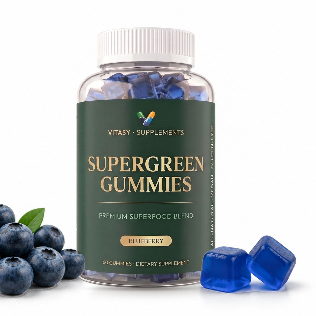 Supergreen Gummies Blueberry jar with fresh blueberries and gummies