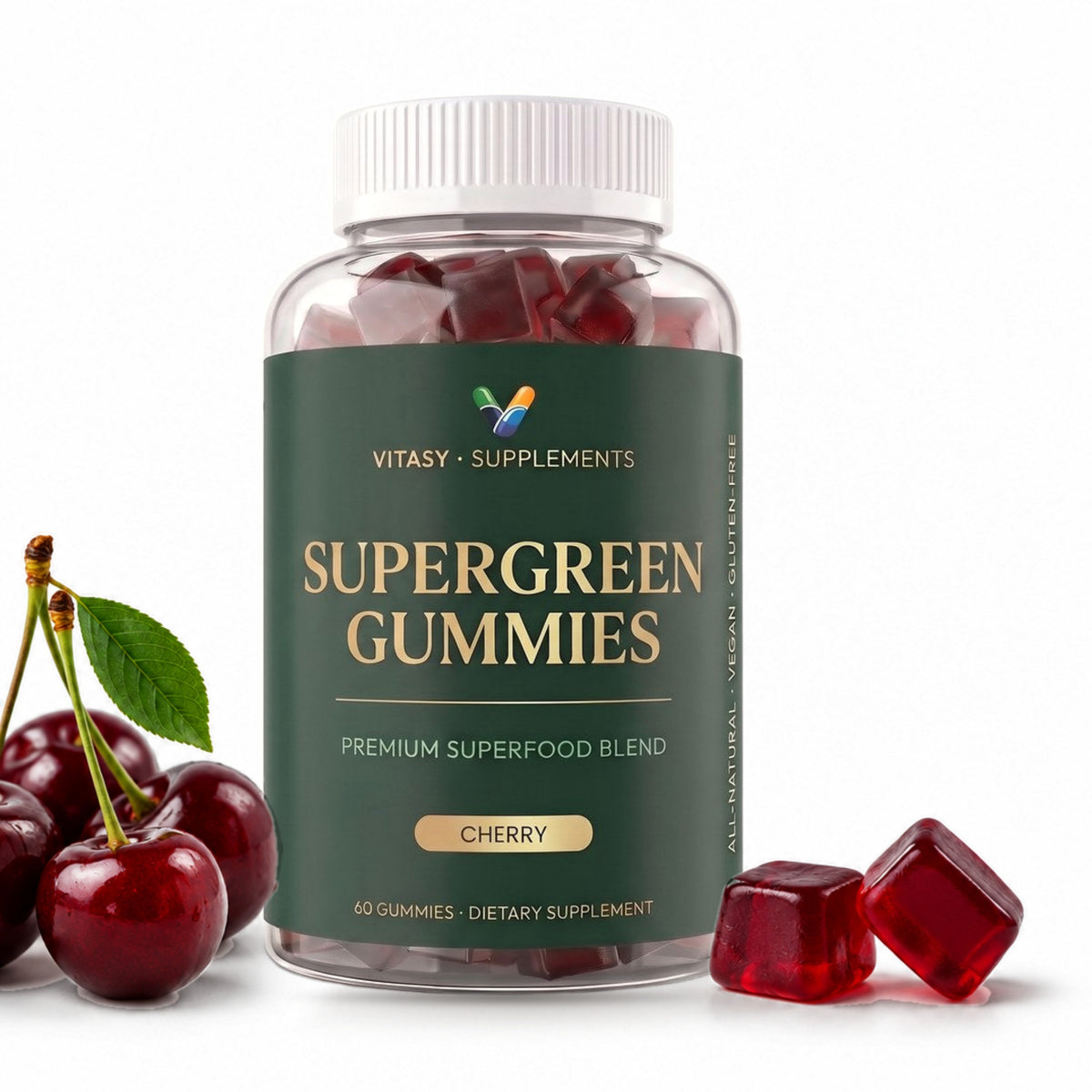 Supergreen Gummies Cherry jar with fresh cherries and gummies
