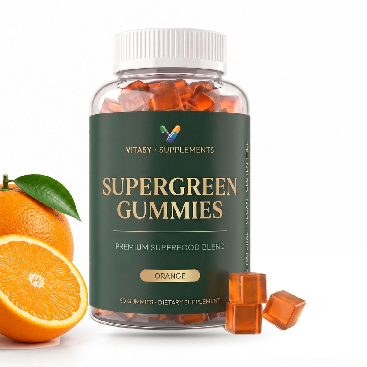 Supergreen Gummies Orange jar with fresh oranges and gummies