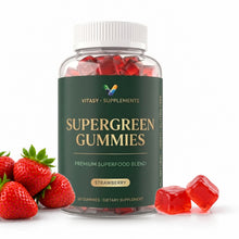 Supergreen Gummies Strawberry jar with fresh strawberries and gummies