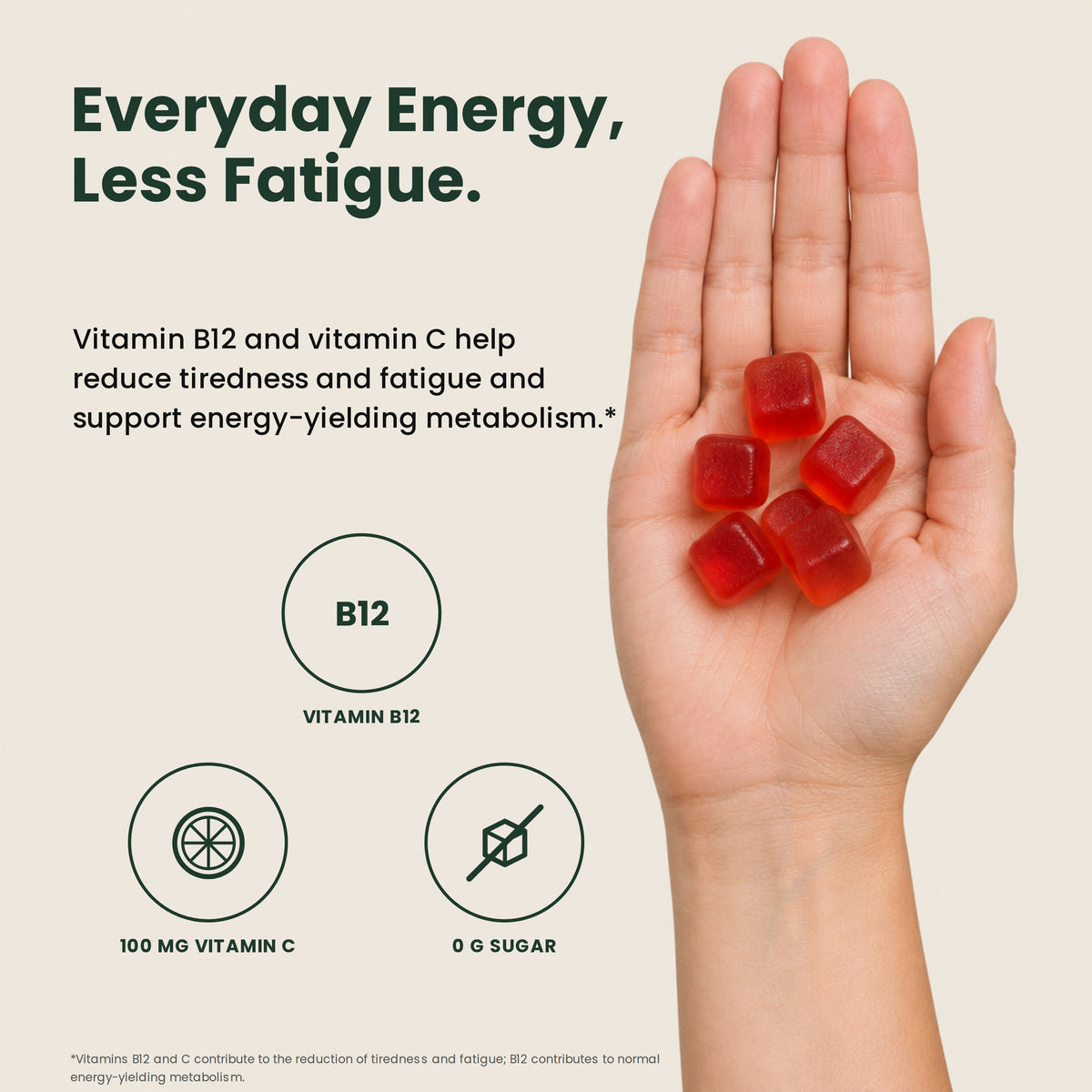 Vitamin B12 and vitamin C help reduce tiredness and fatigue