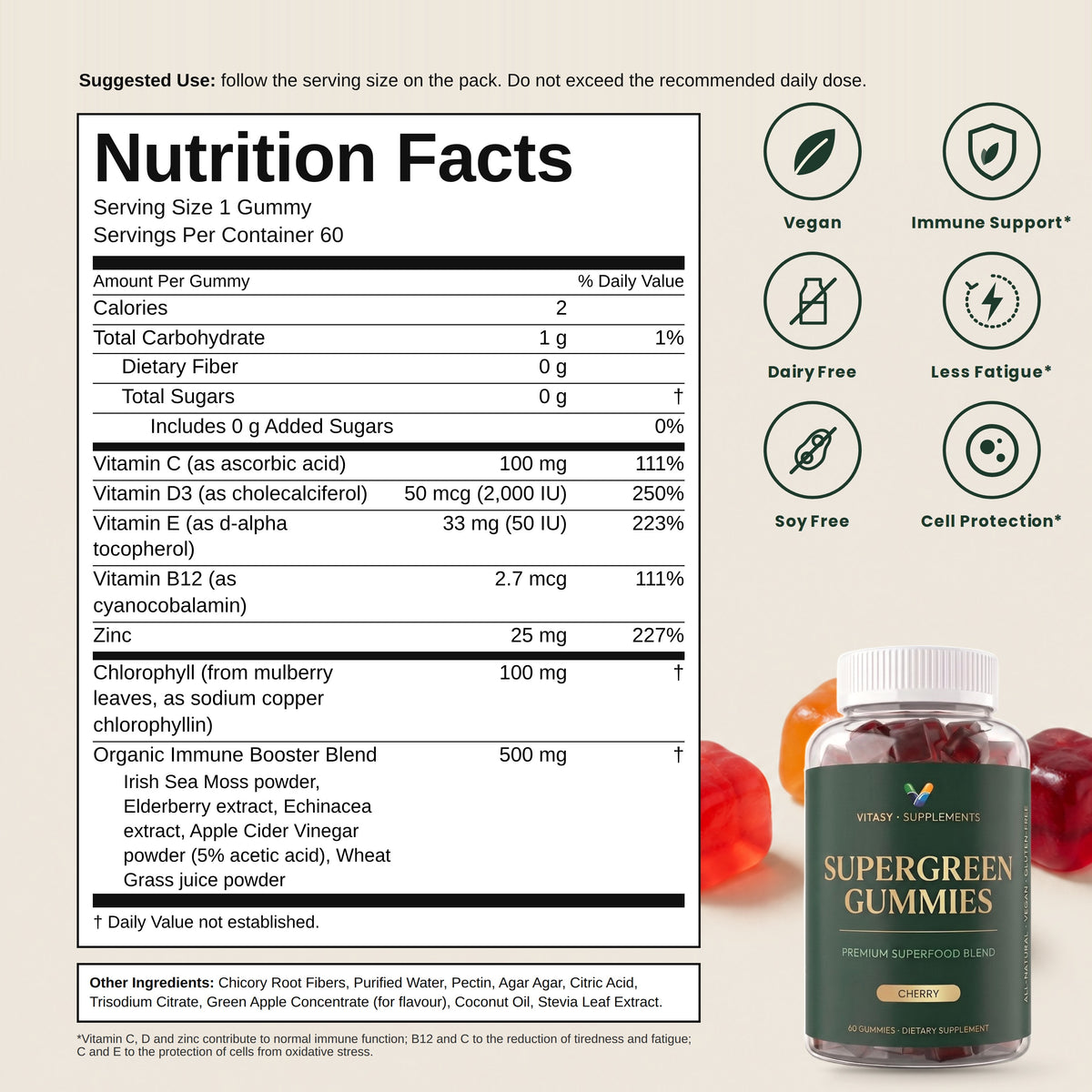 Supergreen Gummies Nutrition Facts, ingredients, vegan, dairy free and soy free