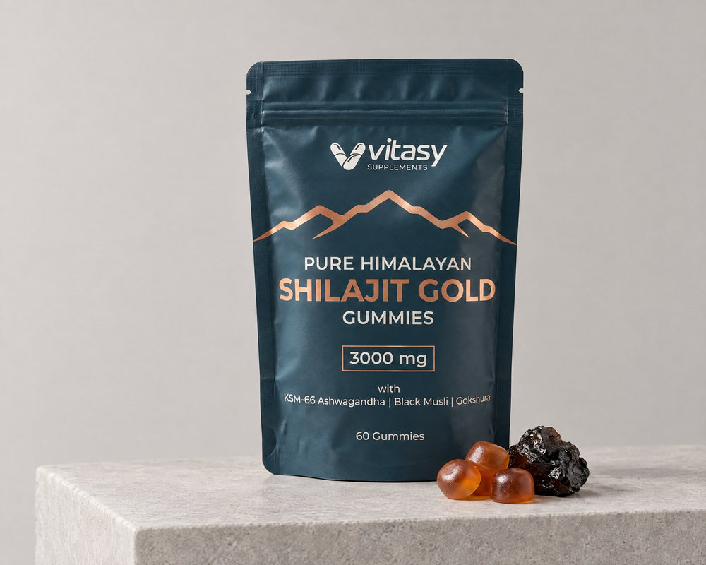 Vitasy Shilajit Gummies pouch on a stone plinth