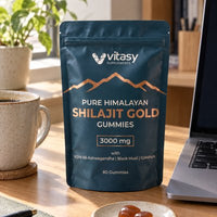 Pouch of Vitasy Shilajit Gummies on a desk