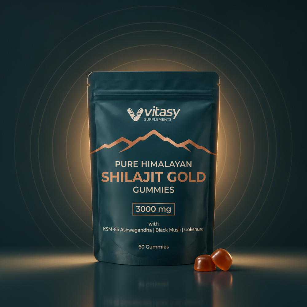 Vitasy Pure Himalayan Shilajit Gold Gummies pouch with two gummies on a dark background