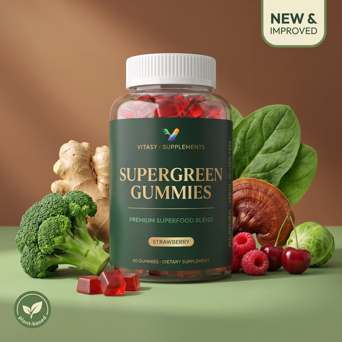 Supergreen Chlorophyll Gummies to Help Fill Daily Nutrition Gaps - 11 Superfoods & Nutrients - 100mg Chlorophyll Per Gummy - 60 Gummies, Sugar Free