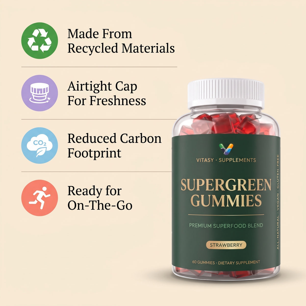 Supergreen Chlorophyll Gummies to Help Fill Daily Nutrition Gaps - 11 Superfoods & Nutrients - 100mg Chlorophyll Per Gummy - 60 Gummies, Sugar Free