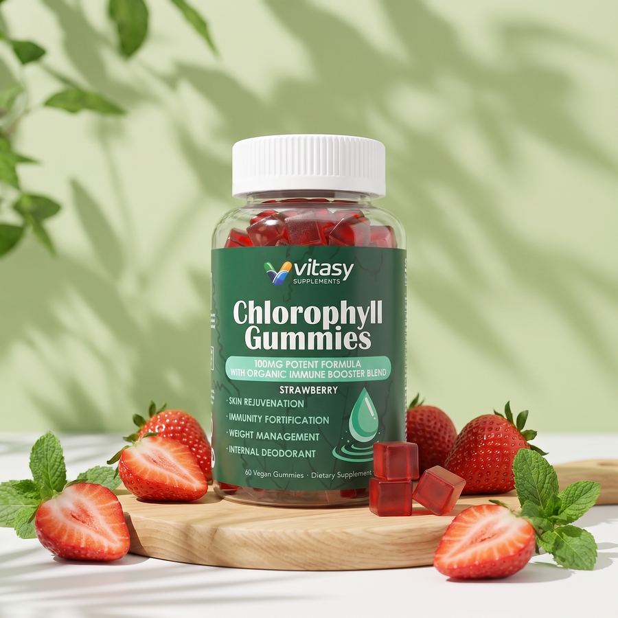 Vitasy Chlorophyll Gummies Strawberry met verse aardbeien