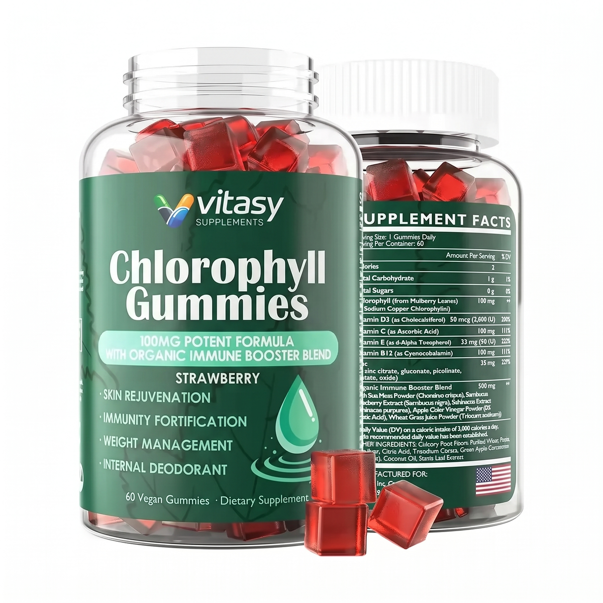 Chlorophyll Gummies - Daily Wellness Made Simple - 100mg Chlorophyll Per Serving, Gelatin Free and Stevia Sweetened - 60 Gummies