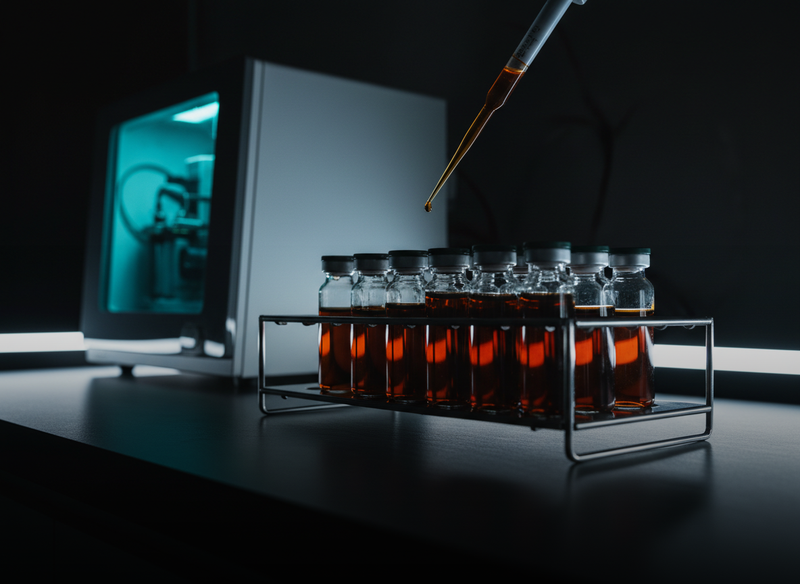 Laboratory sample vials being tested with a pipette