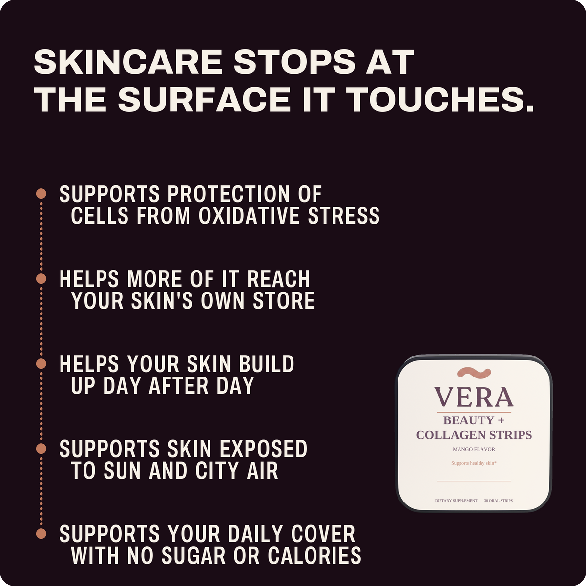 Skincare stops at the surface it touches - five reasons people love VERA Beauty + Collagen Strips, mango, 30 servings