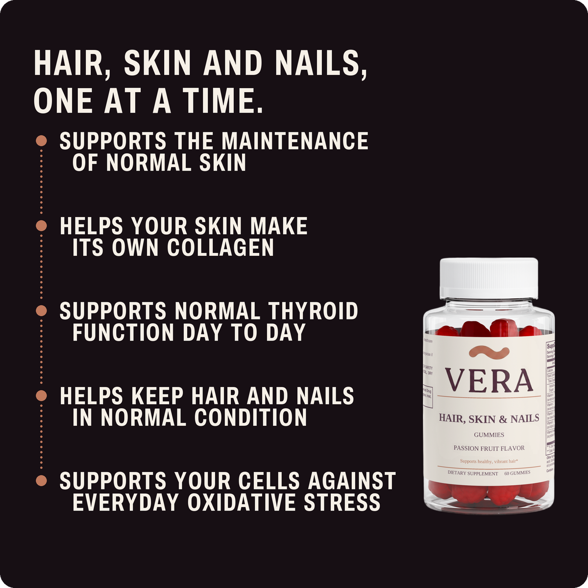 Five benefits of VERA Hair, Skin & Nails Gummies beside the jar: supports the maintenance of normal skin; helps your skin make its own collagen; supports normal thyroid function day to day; helps keep hair and nails in normal condition; supports your cells against everyday oxidative stress.