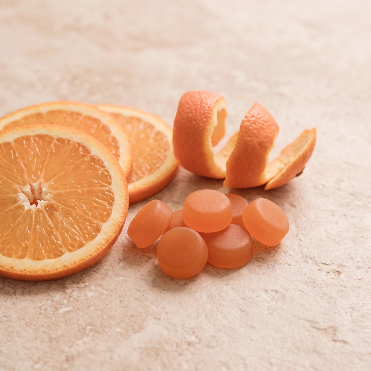 Vitasy Vitamin C Gummies v1 — benefit visual translated to flavor/product context — Orange