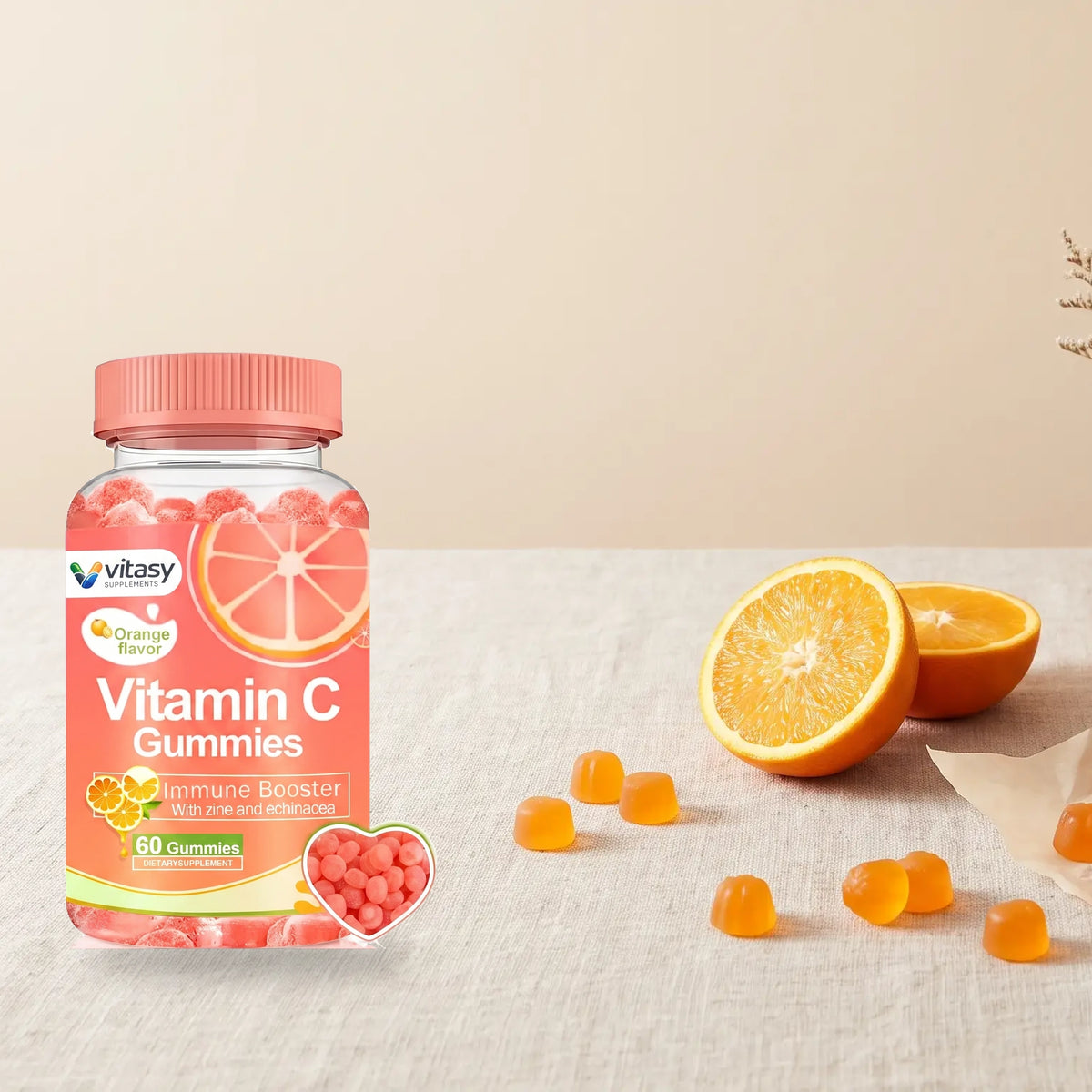 Vitasy Vitamin C Gummies v1 — subscribe/routine visual translated to non-promotional morning routine — Orange