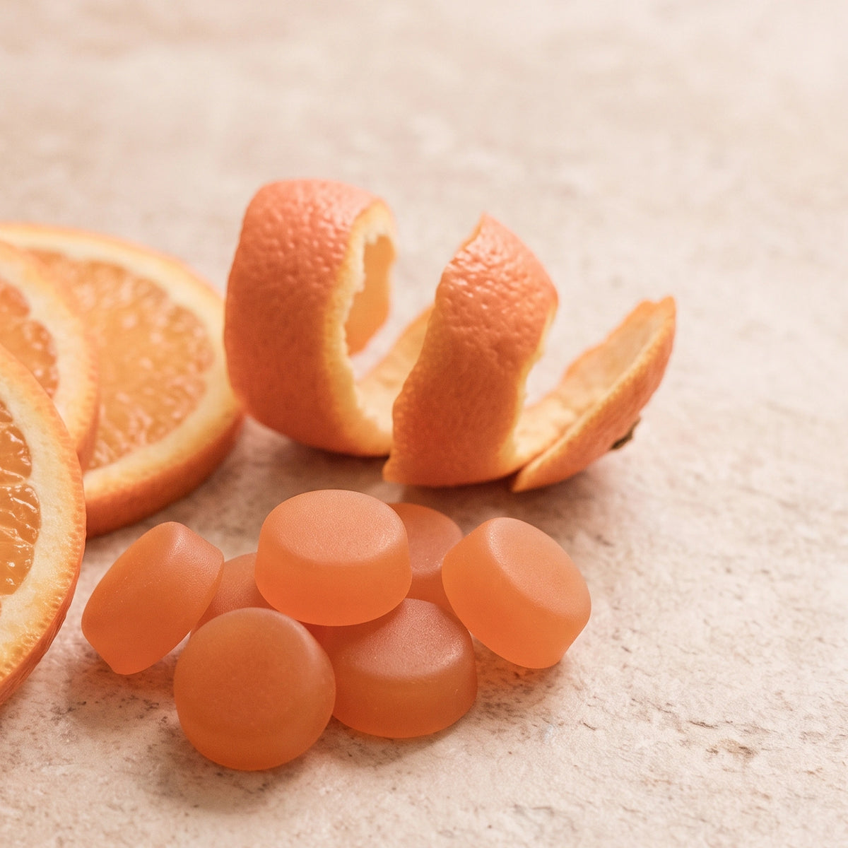 Vitasy Vitamin C Gummies v1 — numeric vitamin-C visual translated to non-numeric flavor macro — Orange