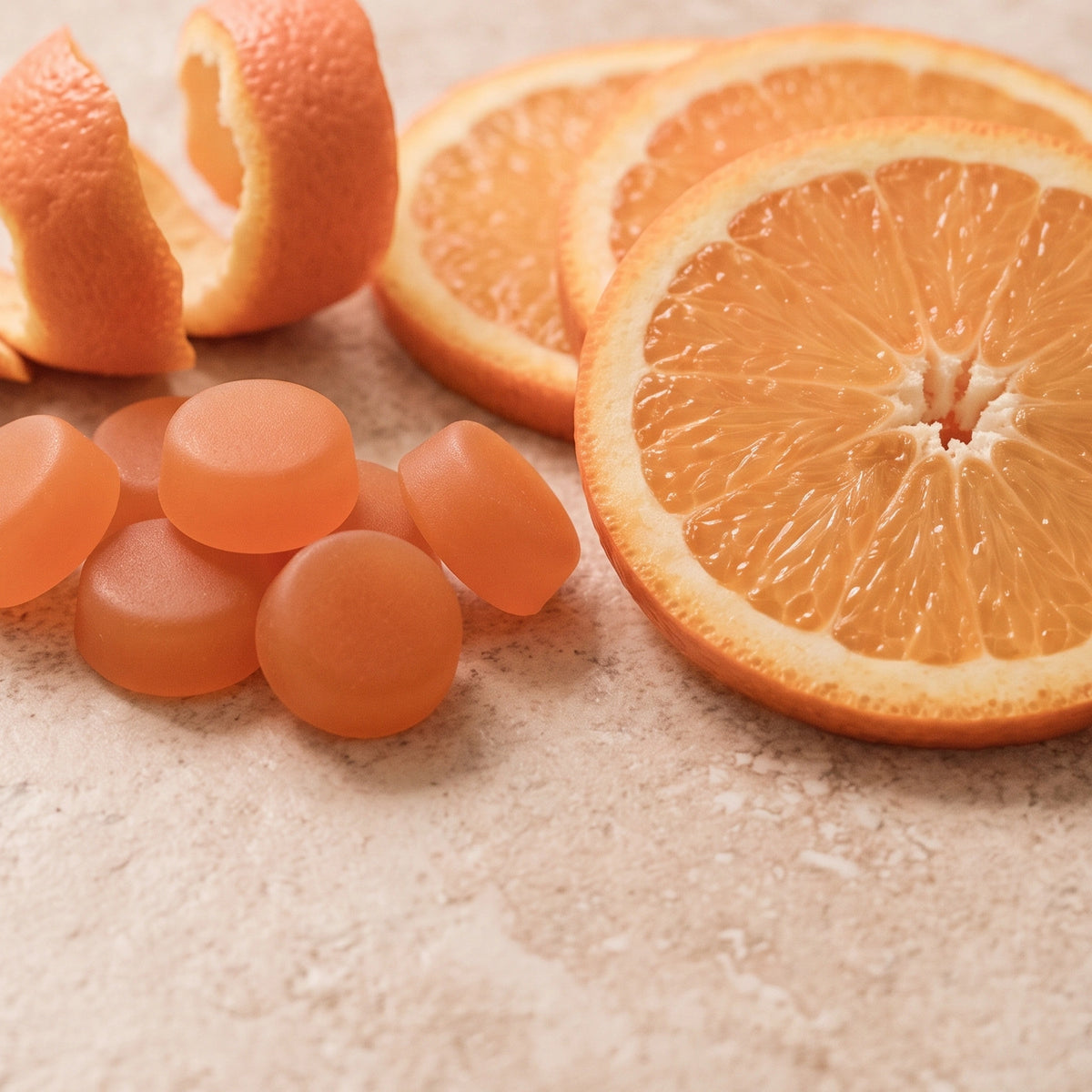 Vitasy Vitamin C Gummies v1 — easy-to-take visual translated to grounded gummy/orange still — Orange