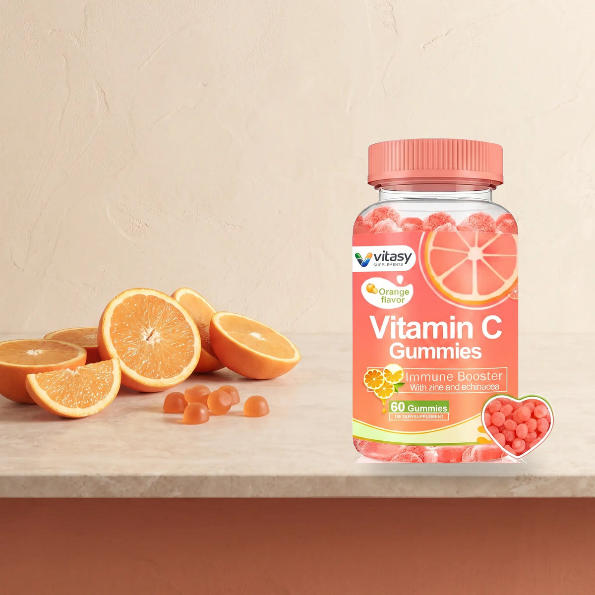 Vitasy Vitamin C Gummies v2 — human/product support visual translated to product editorial — Orange