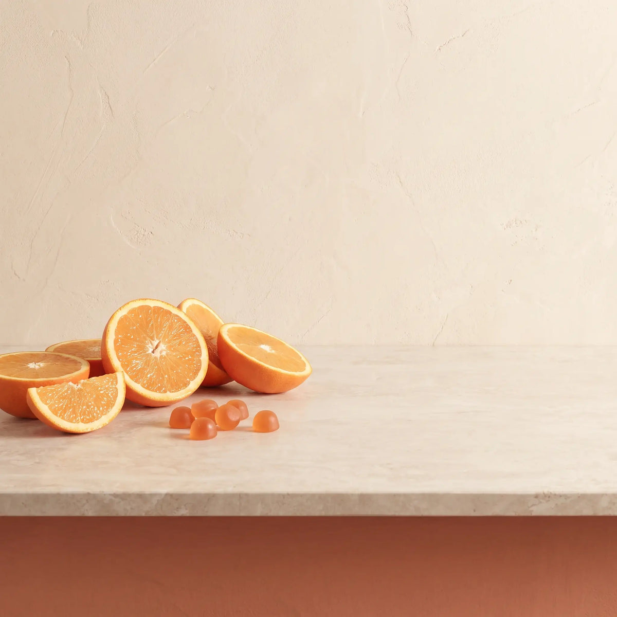 Vitasy Vitamin C Gummies v2 — sugar-comparison visual translated to non-numeric routine still — Orange