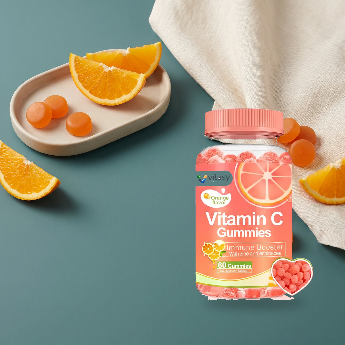 Vitasy Vitamin C Gummies v4 — lab/product visual translated to teal product scene — Orange