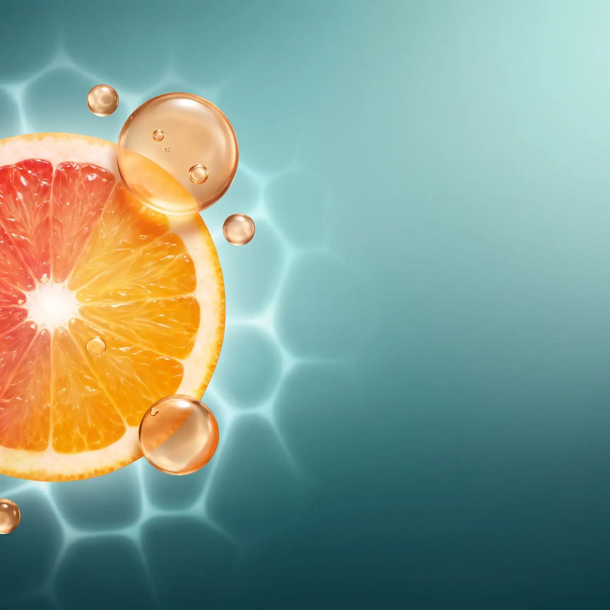 Vitasy Vitamin C Gummies v4 — liposomal delivery visual translated to abstract citrus/water texture — Orange