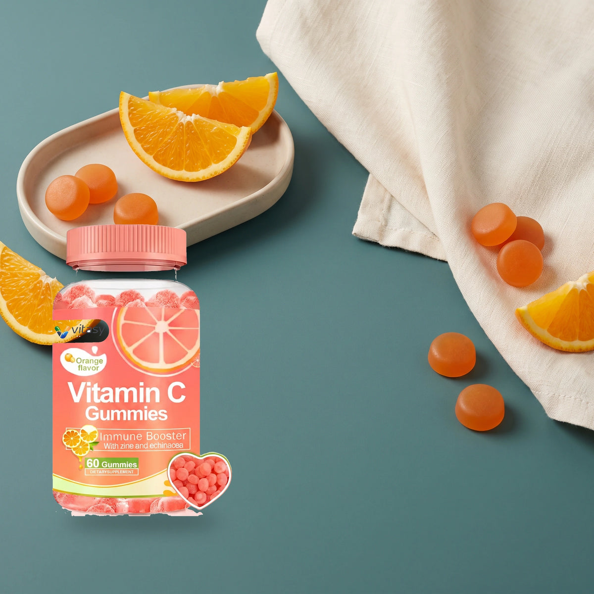 Vitasy Vitamin C Gummies v4 — travel visual translated to grounded product routine — Orange