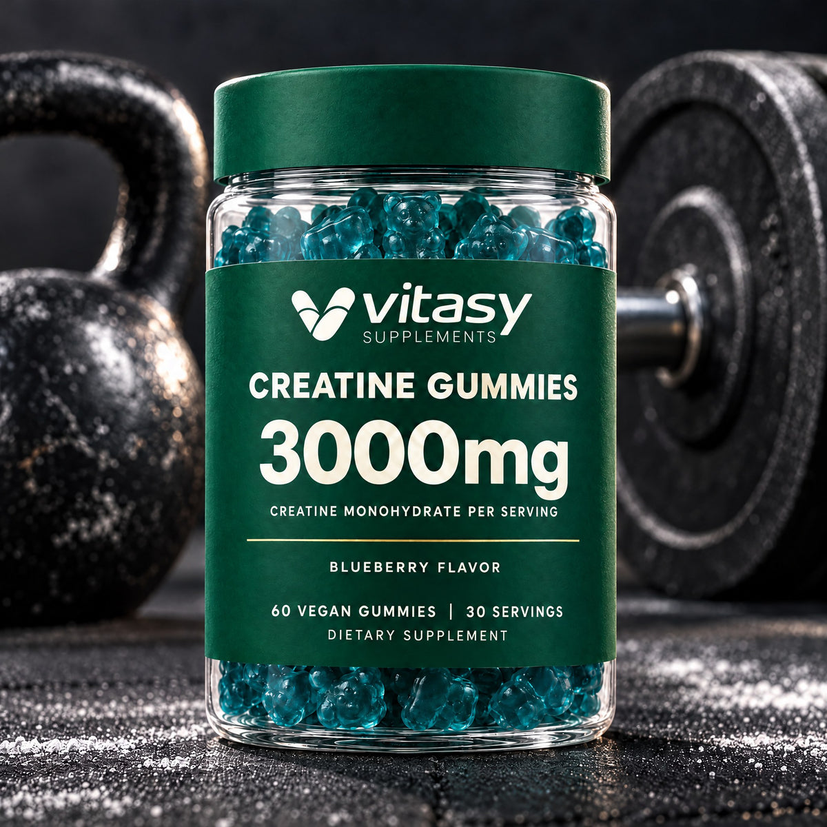 Vitasy Creatine Gummies jar on a gym floor with a kettlebell and weight plate