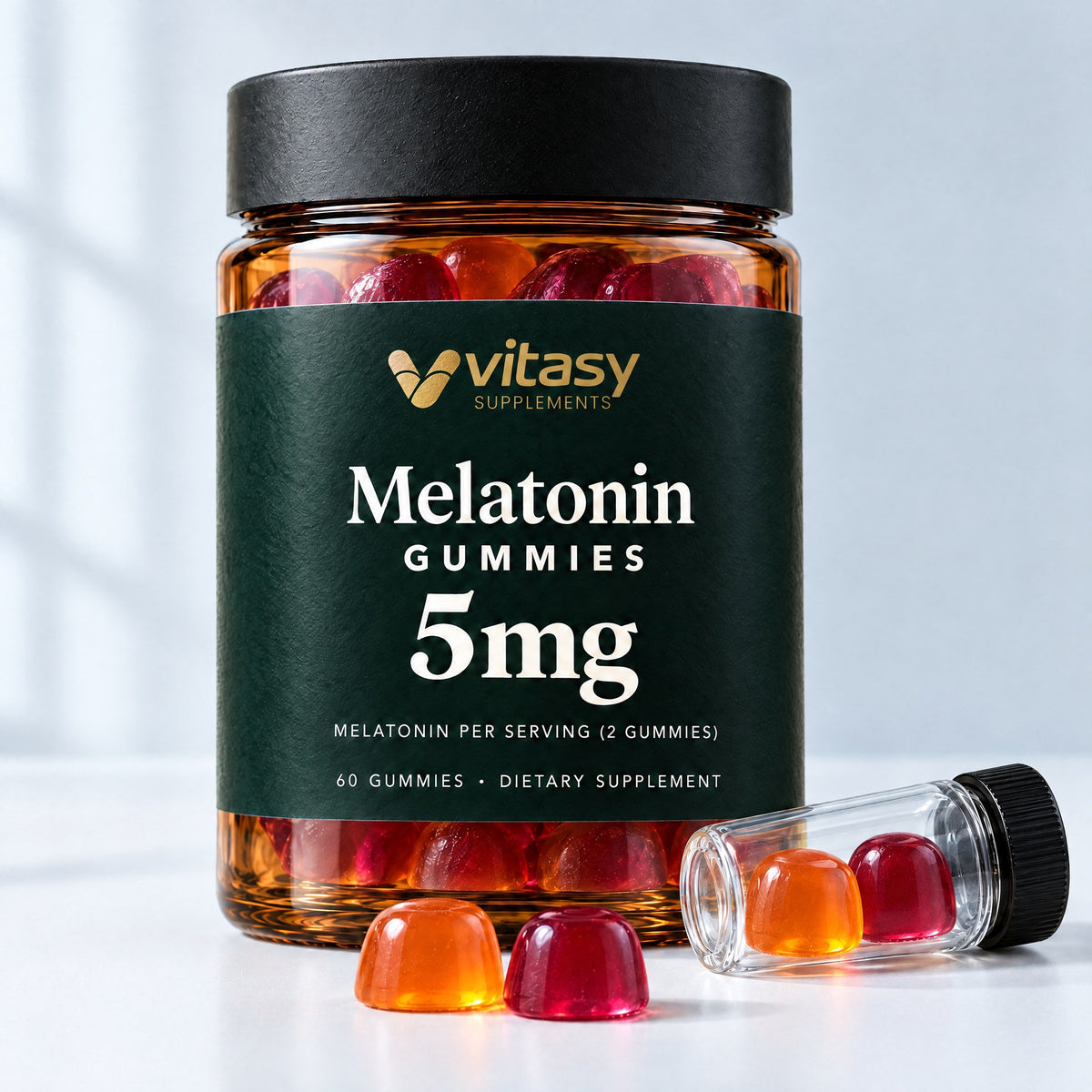 Vitasy Melatonin Gummies jar with a small sample vial of gummies on a cool white surface