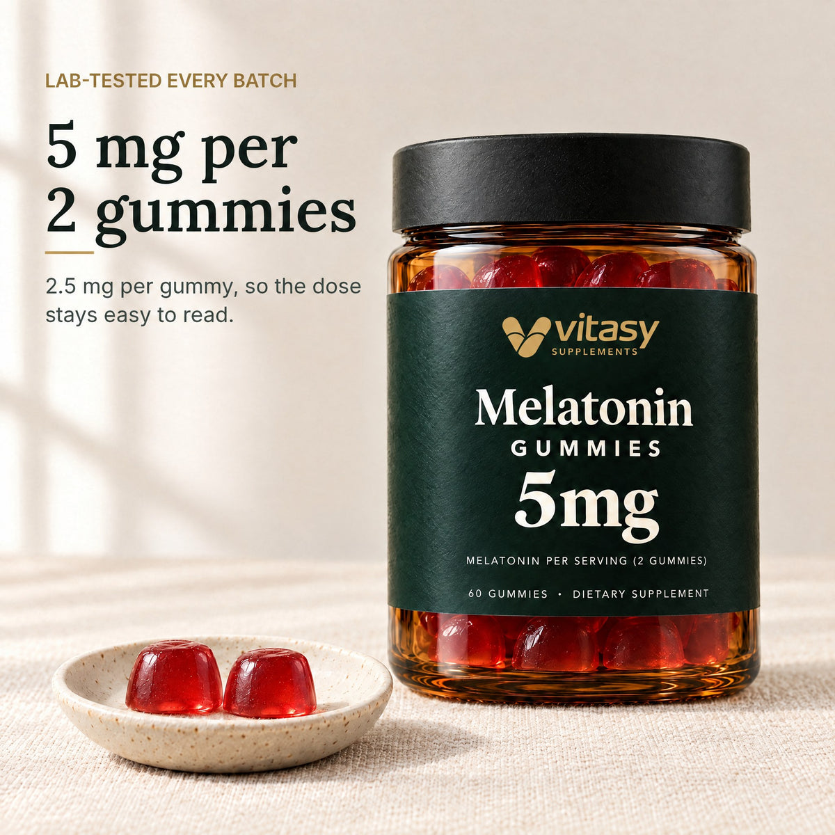 Two Vitasy melatonin gummies on a ceramic dish: 5 mg per 2 gummies, lab-tested every batch