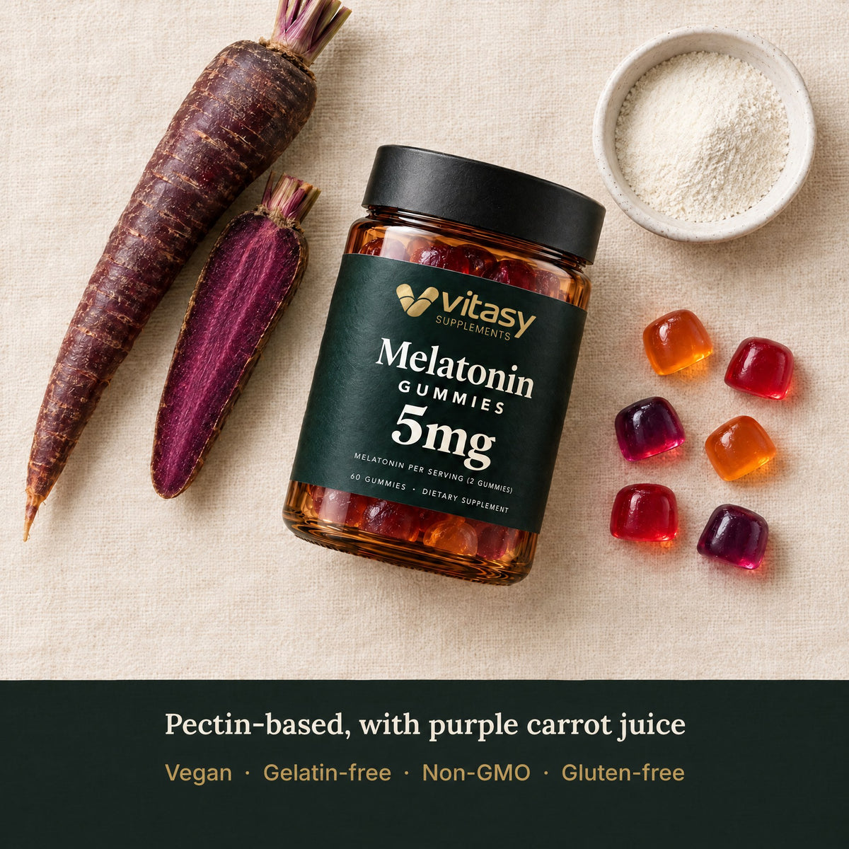 Vitasy Melatonin Gummies jar with purple carrot and pectin powder: pectin-based, vegan, gelatin-free