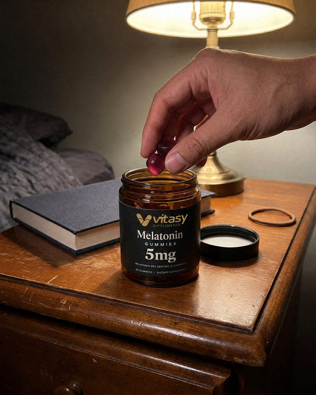 Hand taking a gummy from the jar on a nightstand