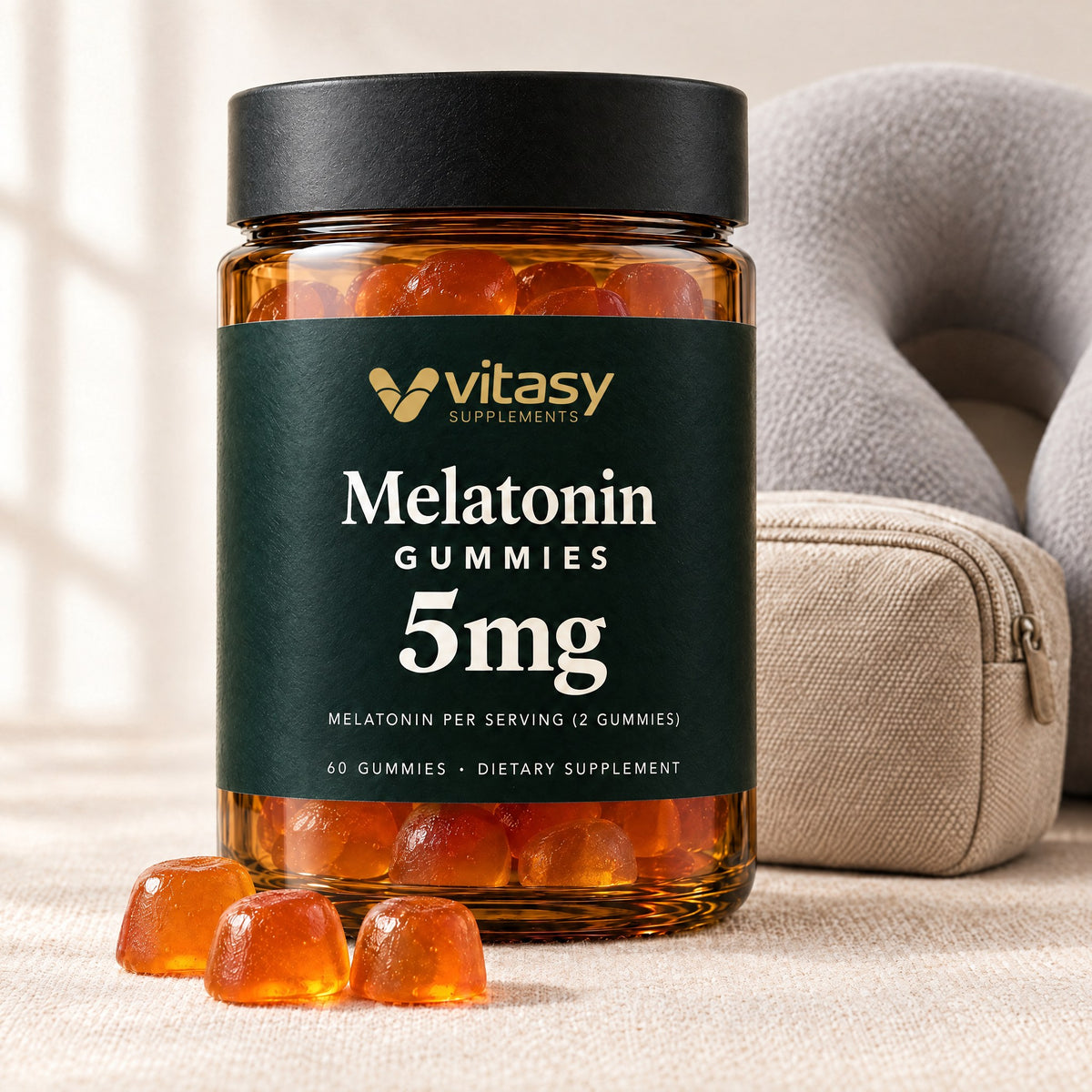 Vitasy Melatonin Gummies jar with orange gummies, a neck pillow and a travel pouch