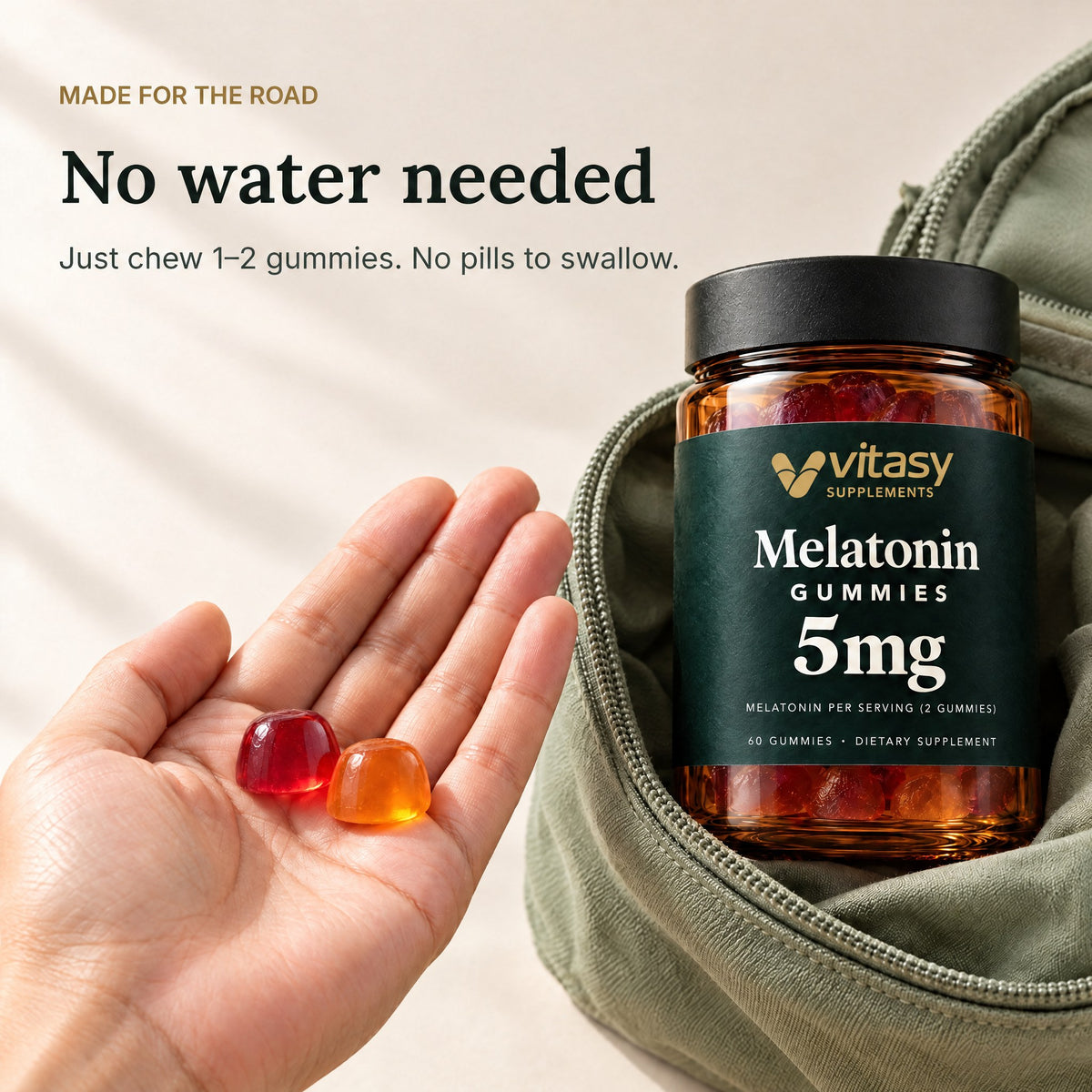 Two gummies in an open hand next to the jar in a travel bag: no water needed