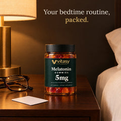 Vitasy Melatonin Gummies jar on a hotel nightstand