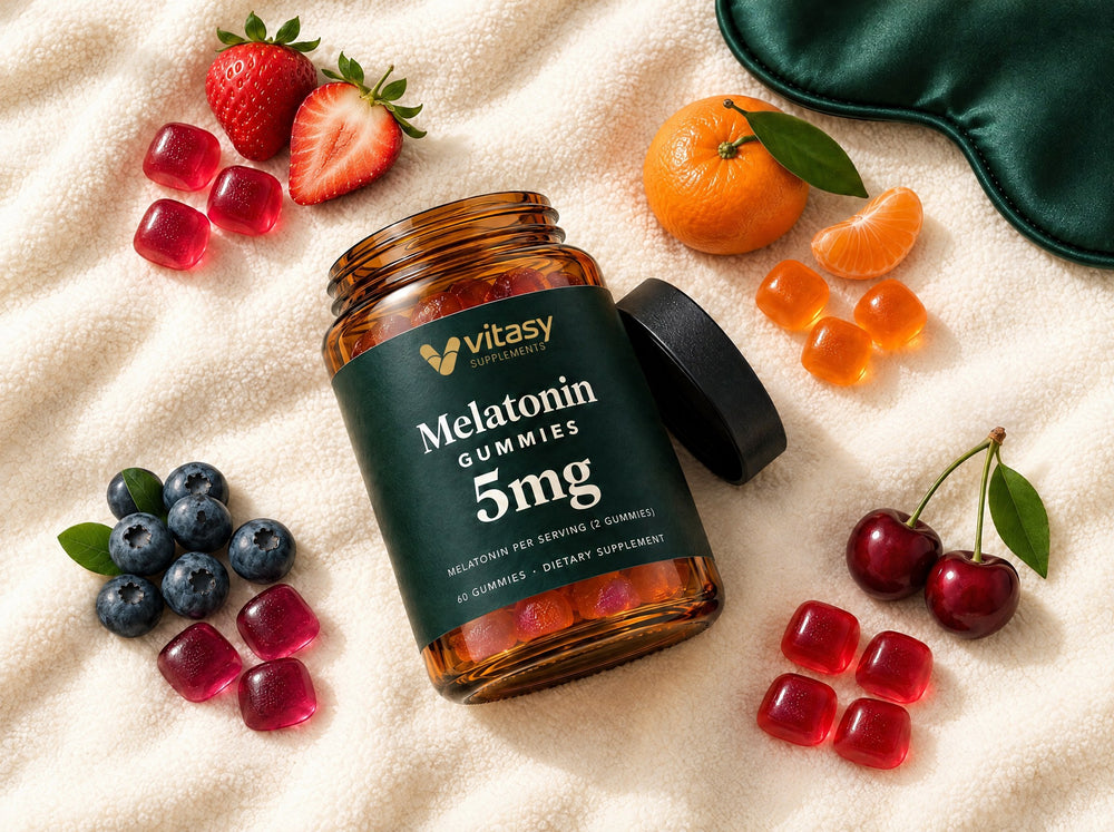 Vitasy Melatonin Gummies jar on a travel blanket with strawberry, orange, blueberry and cherry gummies and a sleep mask