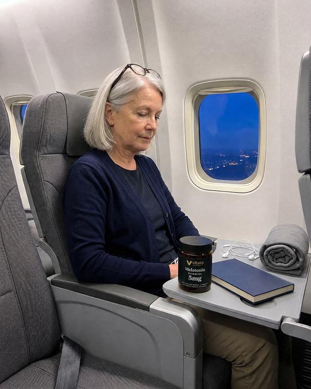 Woman in an airplane window seat with a Vitasy Melatonin Gummies jar on the tray table
