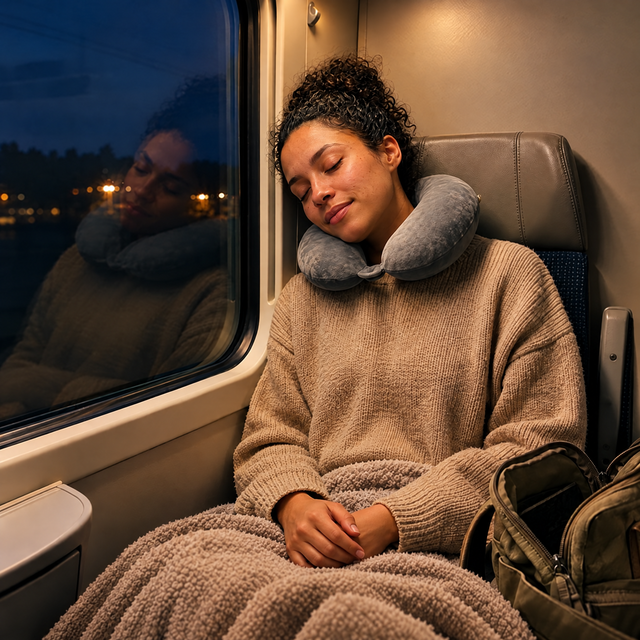Woman asleep on a night train with a neck pillow and a blanket
