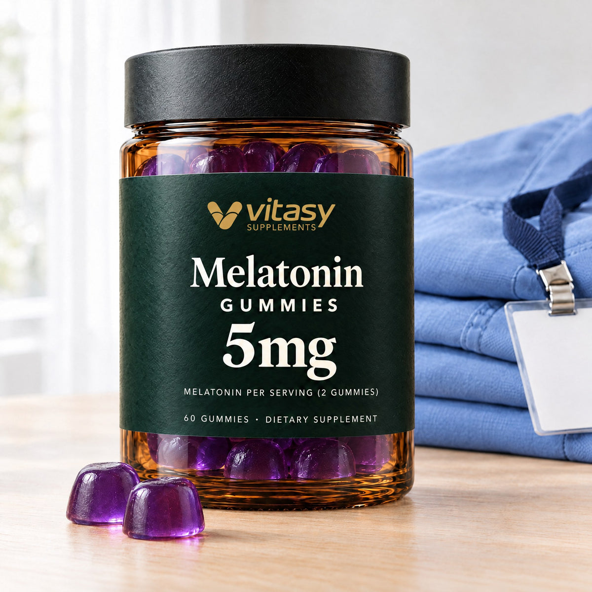Vitasy Melatonin Gummies jar with purple gummies, a folded scrub top and a lanyard