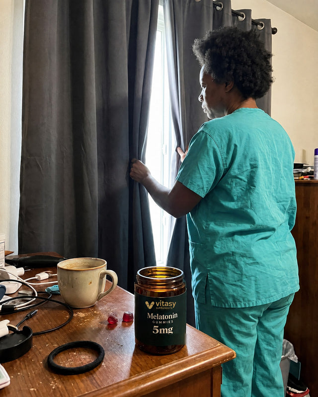 Nurse in scrubs closing the curtains in the morning, Vitasy Melatonin Gummies jar on the nightstand