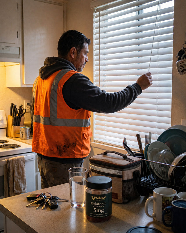 Warehouse worker in a hi-vis vest lowering the kitchen blinds at home, Vitasy Melatonin Gummies jar on the counter