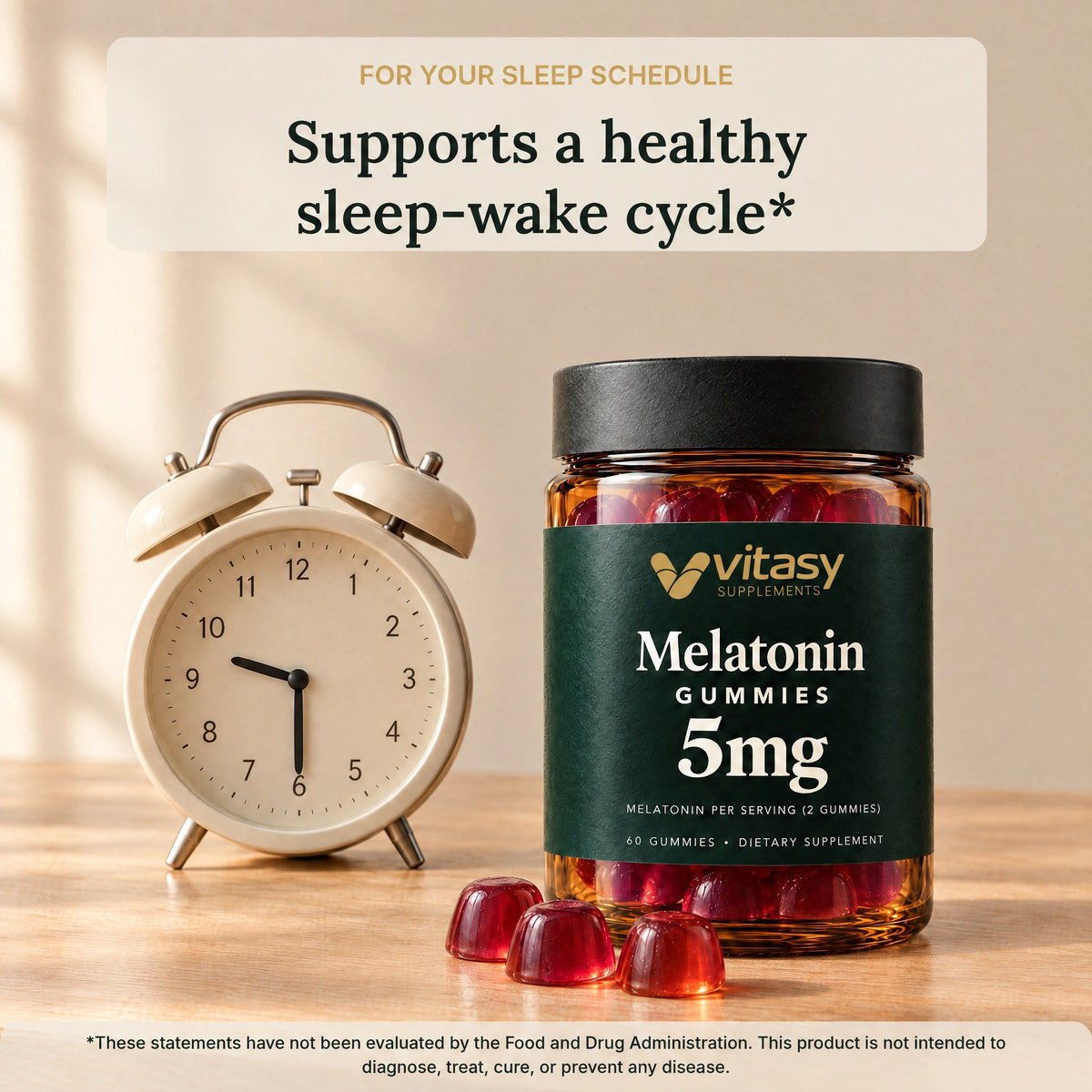 Vitasy Melatonin Gummies jar next to a cream alarm clock: supports a healthy sleep-wake cycle