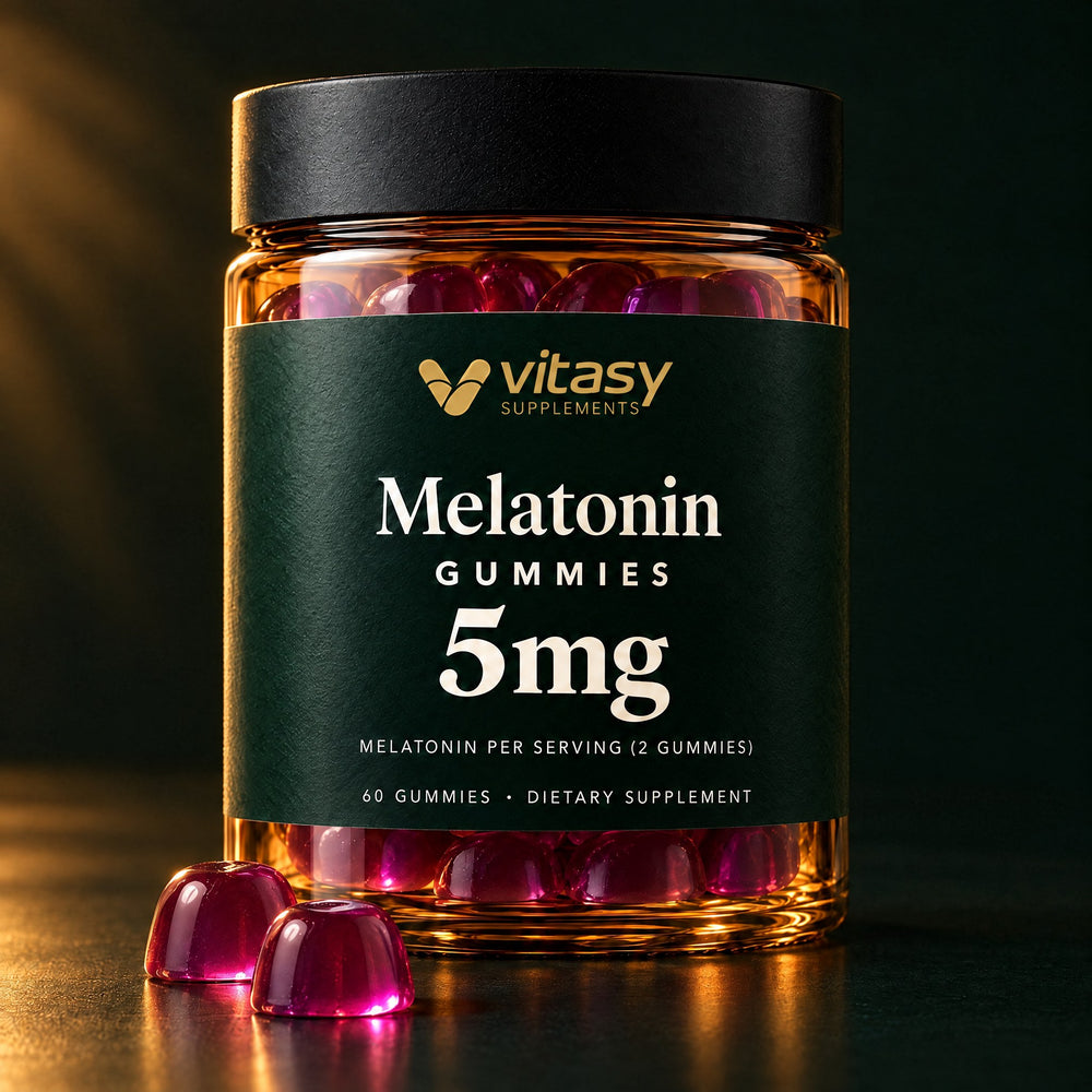 Vitasy Melatonin Gummies jar with two chewy gummies in front