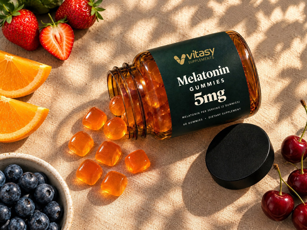 Vitasy Melatonin Gummies jar tipped over with strawberries, orange, blueberries and cherries