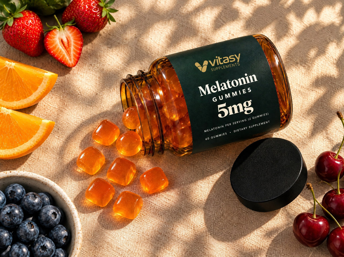 Vitasy Melatonin Gummies jar tipped over on linen with gummies next to strawberries, orange, blueberries and cherries